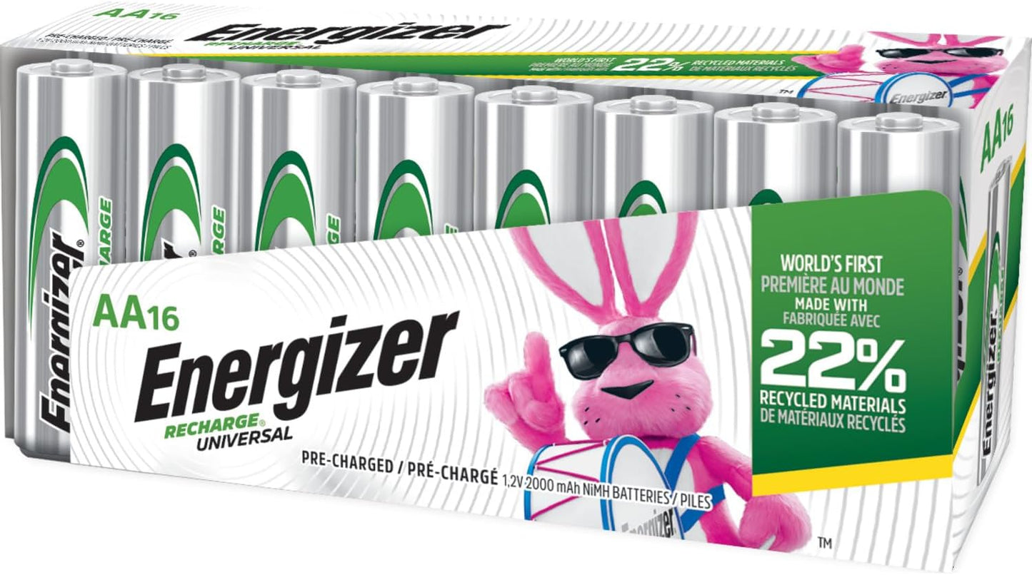 Rechargeable AA Batteries, Recharge Universal Double a Battery Pre-Charged, 16 Count